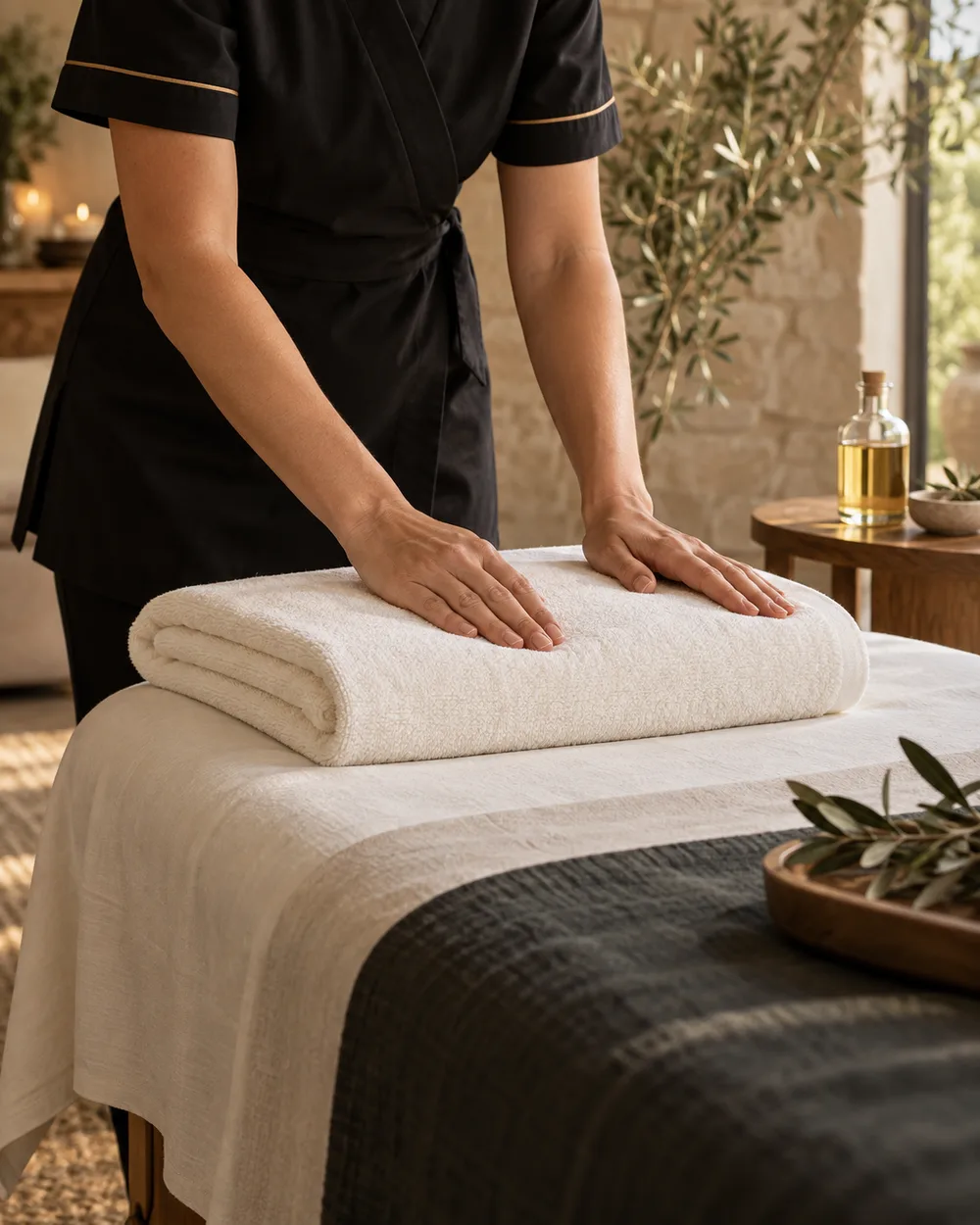 Careful hands preparing fresh ivory linen for an at-home spa experience