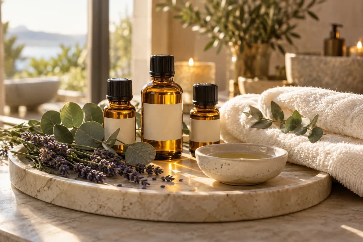 Amber botanical oils, lavender and eucalyptus on a stone tray
