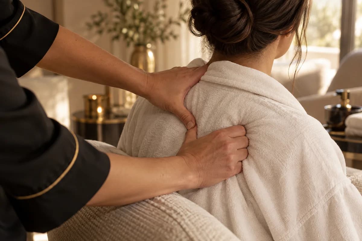 A therapist applying focused shoulder pressure through a soft spa robe