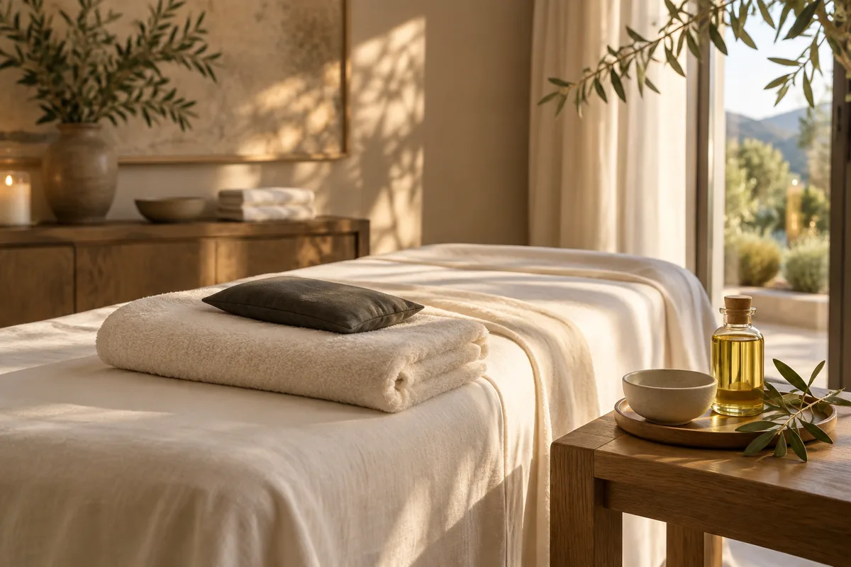 A sunlit massage bed with ivory linen, an eye pillow and golden oil