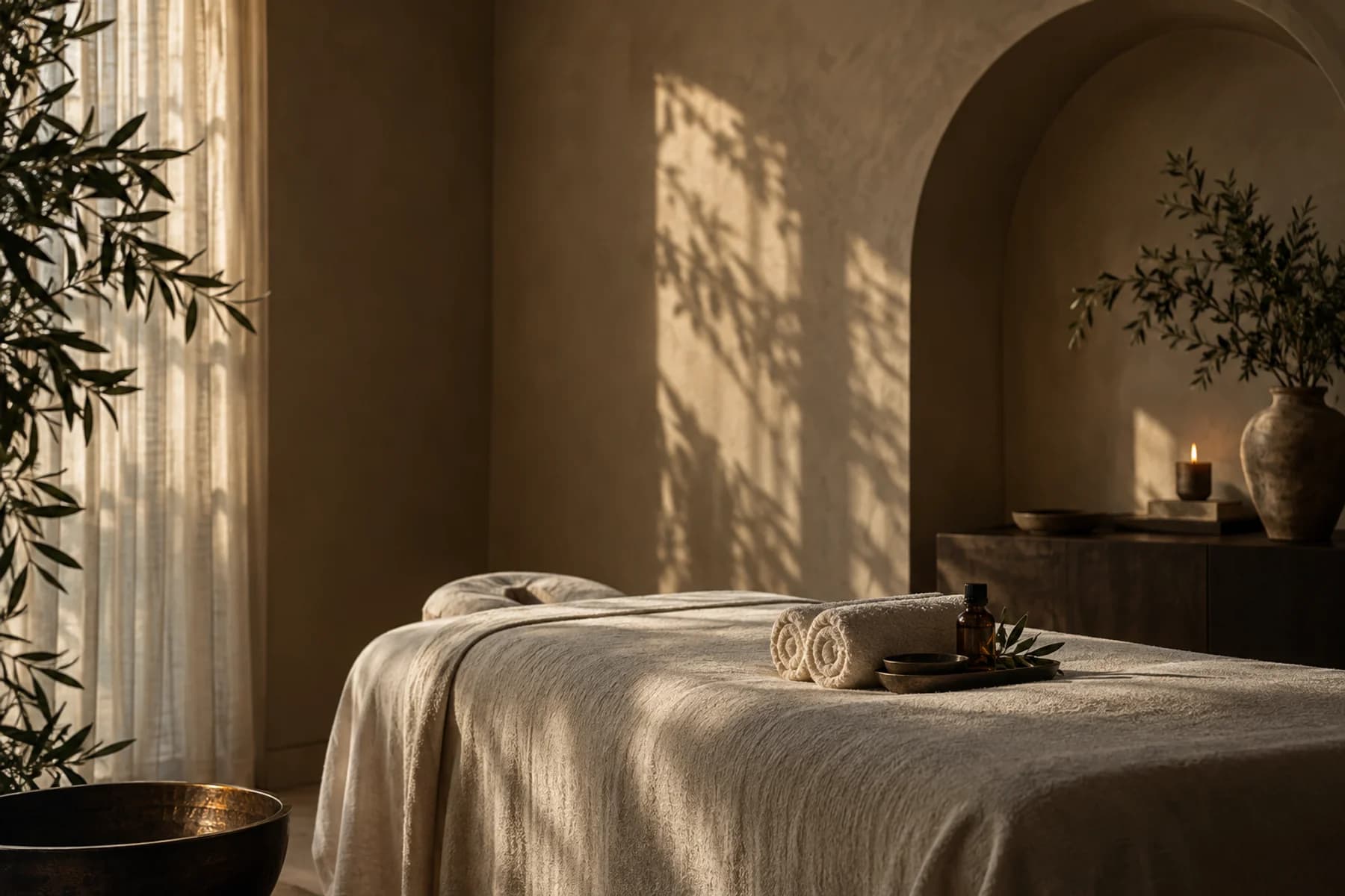 Sunlight falling across a linen-covered massage bed in a serene home spa
